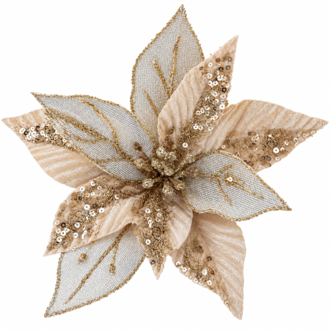 Ornamente de brad - Floare decorativă champagne cu paiete și plasă pentru brad de Crăciun 28 cm