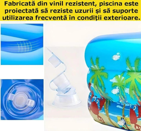Produse de vara - Piscină gonflabilă pentru copii, pătrată, model oceanic, 3 inele, albastră – pentru grădină și exterior 150x105x55cm