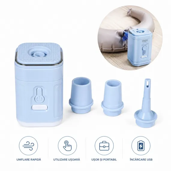 Camping - Pompa Electrica Portabilă 7.5x5cm, cu 3 Duze, pentru Umflare și Dezumflare rapida