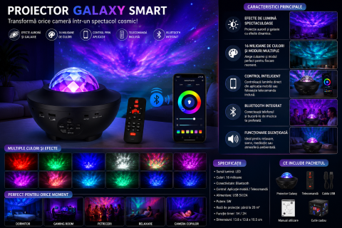 Pentru copii - Proiector Galaxy Smart cu Bluetooth și Control din Aplicație – Lampă LED cu Efect Aurora și Telecomandă