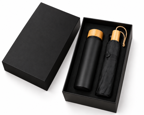 Masaj - Set cadou premium cu termos din inox și umbrelă pliabilă neagră