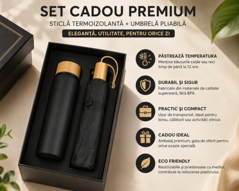 Birou & Papetărie - Set Cadou Premium – Sticlă Termoizolantă din Inox și Umbrelă Pliabilă, Design Elegant, Negru Mat