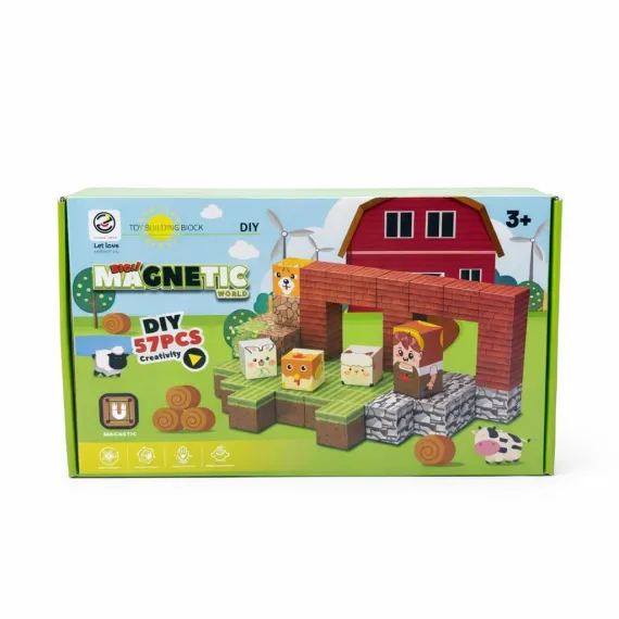 Pentru copii - Set cuburi magnetice construcție 3D – 57 piese, model fermă, joc educativ creativ pentru copii 3+