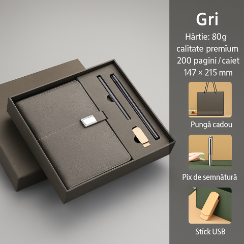 Agenda - Set de birou elegant cu agenda din piele ecologica, pix metalic si stick USB – alegerea perfecta pentru cadouri business rafinate