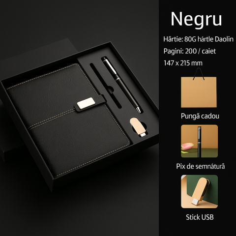 Agenda - Set de birou elegant cu agenda din piele ecologica, pix metalic si stick USB – alegerea perfecta pentru cadouri business rafinate