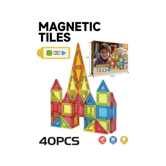 Pentru copii - Set de Construcție Magnetic 3D „Magnetic Tiles” – 40 Piese Colorate pentru Joc Creativ și Educațional