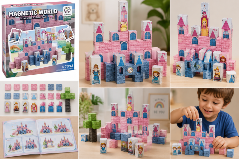 Pentru copii - Set de Construcție Magnetică Magnetic World Z013A – 76 Piese, Castel Fantasy, ABS și Magnet