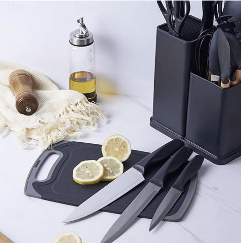 Set ustensile bucatarie 19 piese, Lemn si Silicon alimentar, Cutite, Tocator, Termorezistente, Antiaderente, Suport Blat, Negru [4]