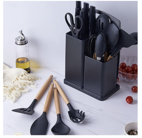 seturi ustensle bucatarie - Set ustensile bucatarie 19 piese, Lemn si Silicon alimentar, Cutite, Tocator, Termorezistente, Antiaderente, Suport Blat, Negru
