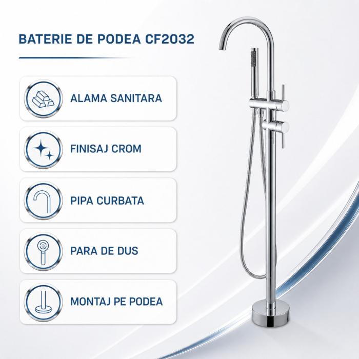 Baterie de Podea cu Cadru Rotund, Flippy, CF2032, Alama Sanitara, Pipa 18 cm, Inaltime 115 cm, Para de Dus, Crom [10]