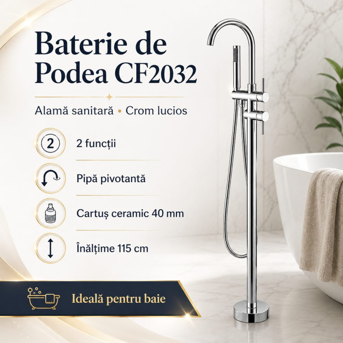 Baterie de Podea cu Cadru Rotund, Flippy, CF2032, Alama Sanitara, Pipa 18 cm, Inaltime 115 cm, Para de Dus, Crom [5]