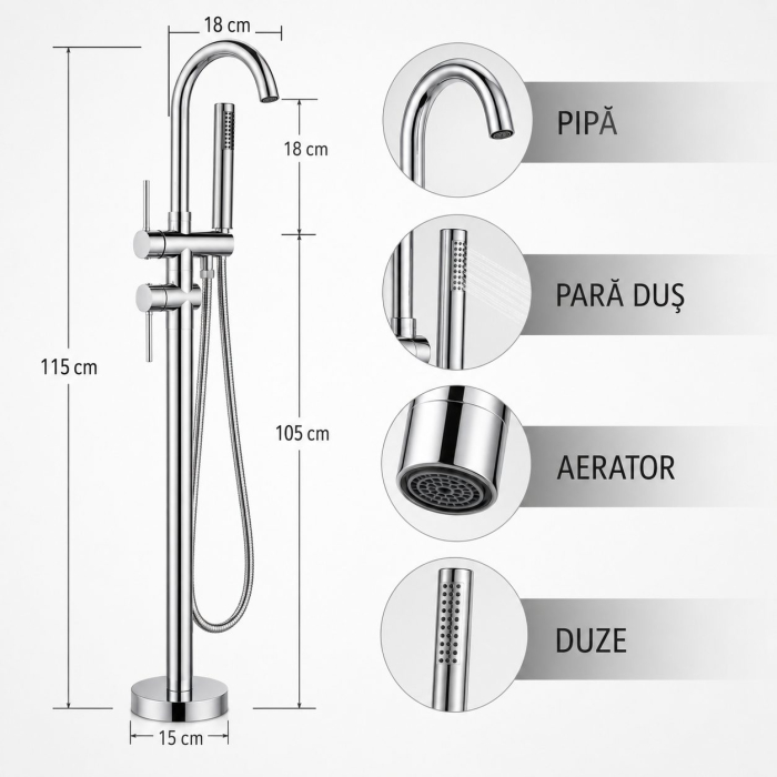 Baterie de Podea cu Cadru Rotund, Flippy, CF2032, Alama Sanitara, Pipa 18 cm, Inaltime 115 cm, Para de Dus, Crom [6]
