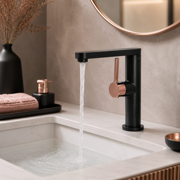 Baterie Lavoar HASSO 9107H/M, Flippy, Alama Sanitara, Monocomanda, Cartus Ceramic 40 mm, Negru Mat/Rose Gold [3]