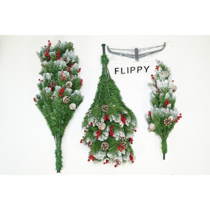 Brad artificial de Craciun nins, decorat cu conuri pin rosii, inaltime 180 cm, diametru 95 cm, 319 ramuri, Flippy, verde, suport metalic inclus [2]