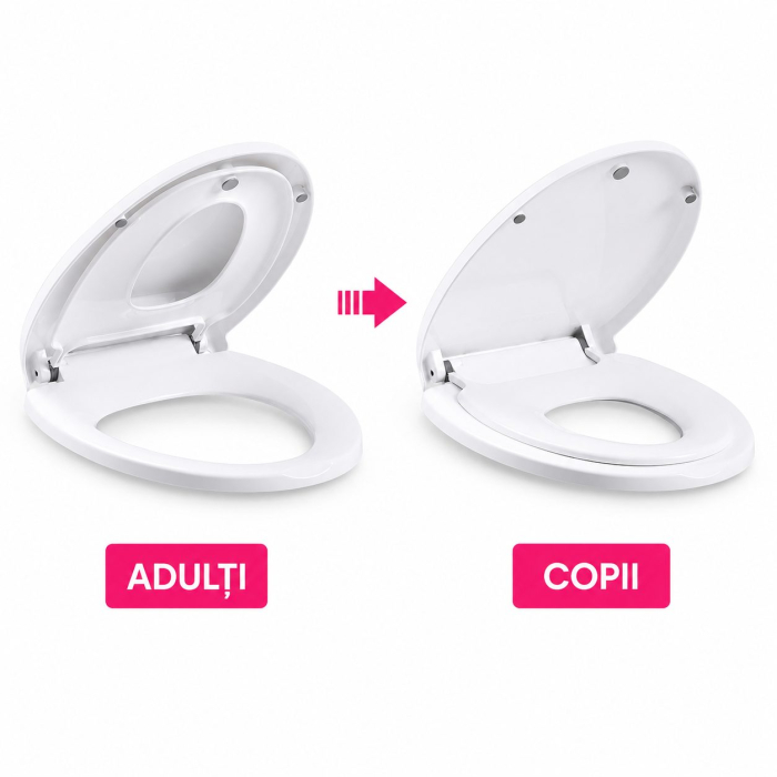 Capac de Toaleta cu Reductie 2 in 1, Flippy, pentru Copii si Adulti, Coborare Lenta si Silentioasa, Instalare Usoara, din PP5 , in Forma de U Patrat, Alb [2]