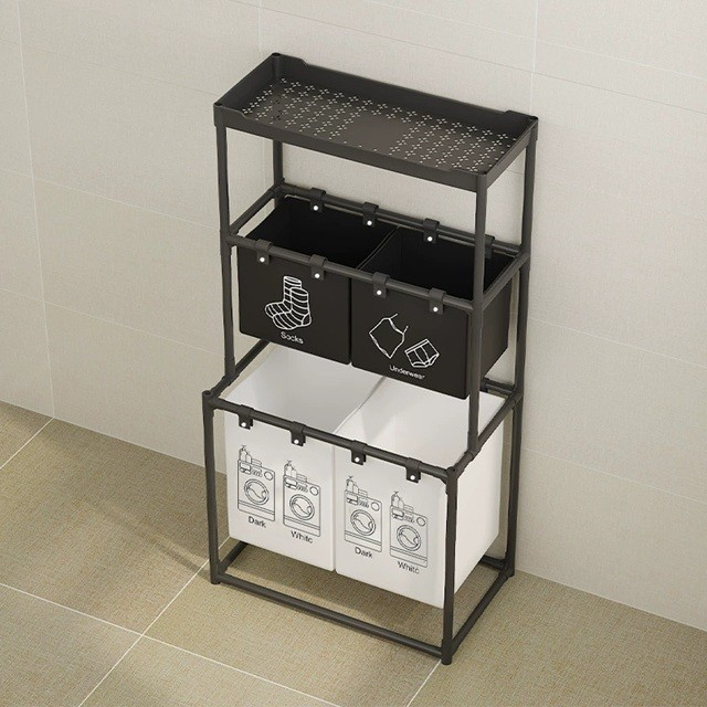 Cos de Rufe, Flippy, 3 Rafturi, 4 Cosuri, Cadru de Otel Inoxidabil, 123x44x57 cm, Negru [6]