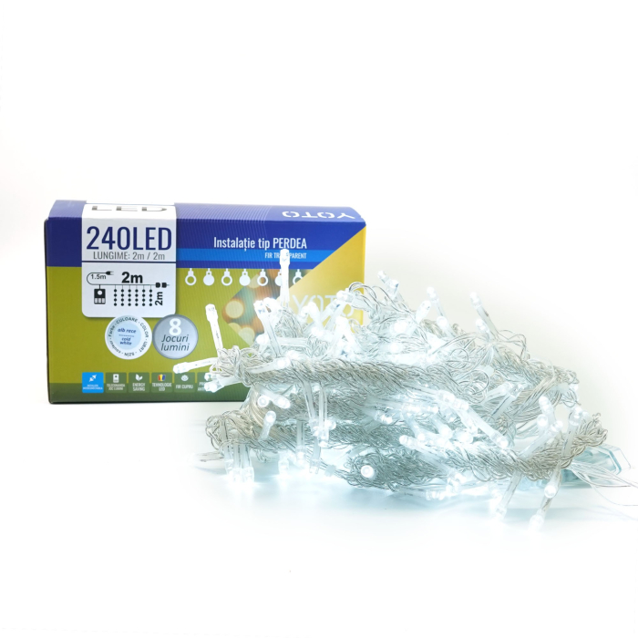 Instalatie Craciun Yoto, Tip Perdea, 2 m x 2 m, 240 LED-uri, Prelungitor 1.5 m, 8 Jocuri de Lumini, Interconectabila, Fir transparent, Interior/Exterior, Alb Rece [2]