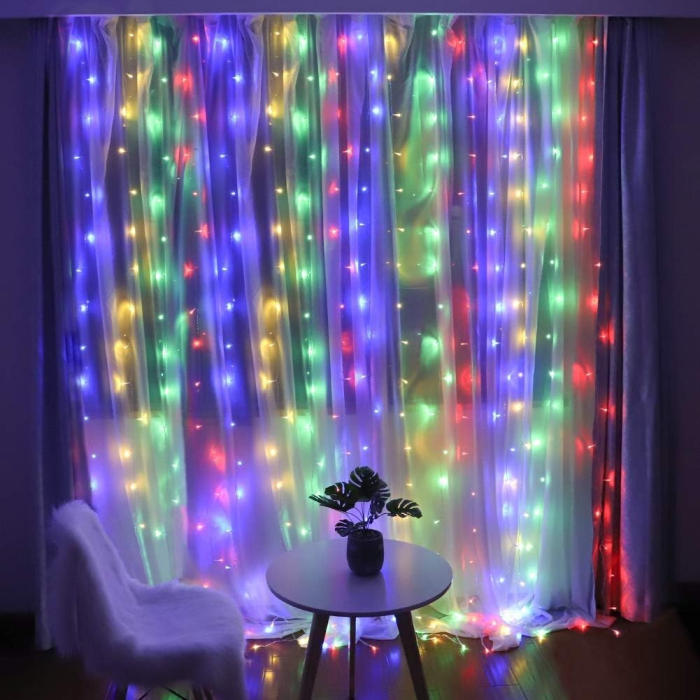 Instalatie Craciun Yoto, Tip Perdea, 2 m x 2 m, 240 LED-uri, Prelungitor 1.5 m, 8 Jocuri de Lumini, Interconectabila, Fir transparent, Interior/Exterior, Multicolor [2]