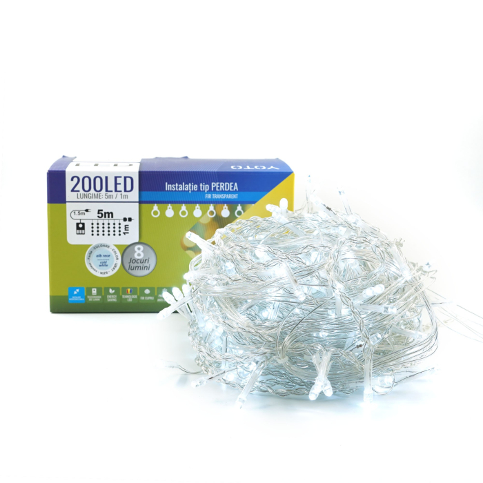 Instalatie Craciun Yoto, Tip Perdea, 5 m x 1 m, 200 LED-uri, Prelungitor 1.5 m, 8 Jocuri de Lumini, Interconectabila, Fir transparent, Interior/Exterior, Alb Rece [6]