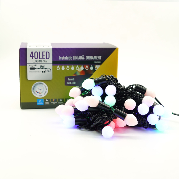 Instalatie de Craciun Liniara RGRB Yoto, 10 m, din care 1 m Prelungitor 220V, 40 LED, Bilute Mate, Interconectabila, Utilizare Interior/Exterior, Fir Negru, multicolor [5]