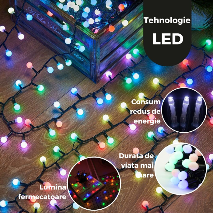 Instalatie de Craciun Liniara RGRB Yoto, 10 m, din care 1 m Prelungitor 220V, 40 LED, Bilute Mate, Interconectabila, Utilizare Interior/Exterior, Fir Negru, multicolor [3]
