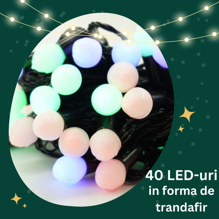 Instalatie de Craciun Liniara RGRB Yoto, 10 m, din care 1 m Prelungitor 220V, 40 LED, Bilute Mate, Interconectabila, Utilizare Interior/Exterior, Fir Negru, multicolor [4]