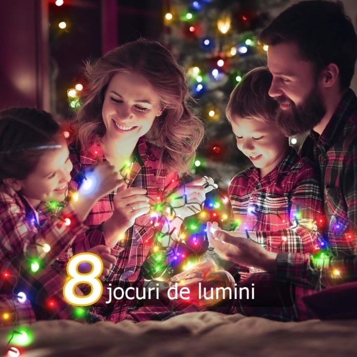 Instalatie de Craciun liniara Yoto, 10 m, din care 1 m cablu priza 220V, 100 LED, 8 jocuri de lumini, beculet in 6 colturi, pentru interior, controler, fir negru, multicolor [5]