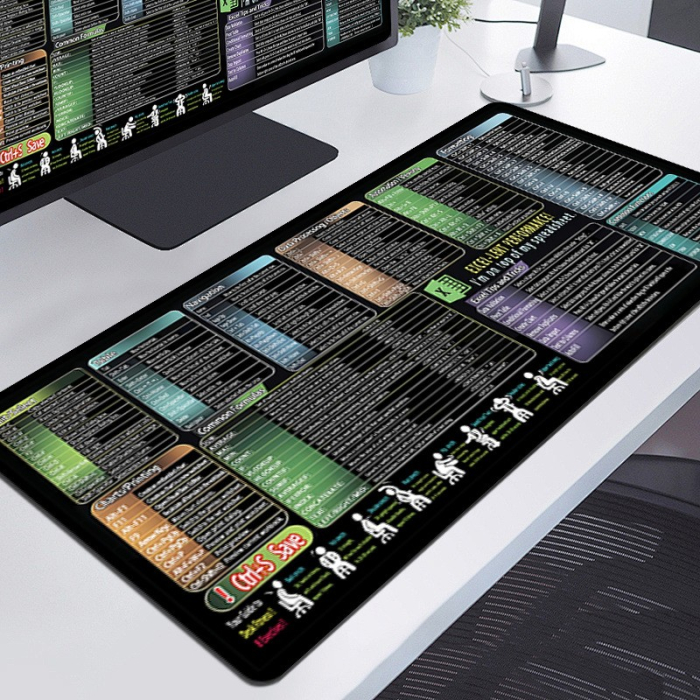 Mousepad cu Suport Tastatura, Flippy, Covoras pentru Masa de Birou cu Formule si Scurtaturi pentru Excel, Rezistent la Zgirieturi si Antiderapant 90 x 40 cm, Model 1 Negru [3]