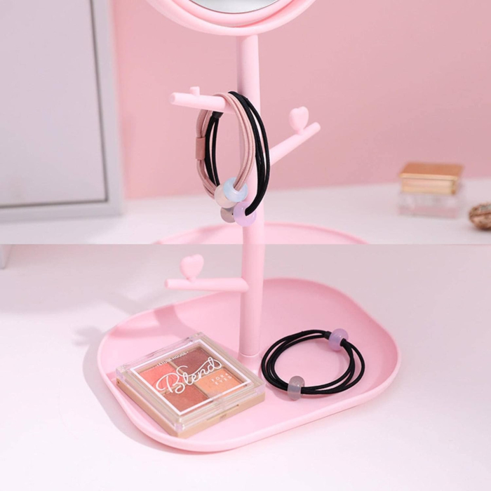 Oglina Cosmetica cu Picior, Flippy, HD, Rotire 360 Grade, 15 cm Diametru, Suport Bijuterii Baza + 2 Brate pentru Accesorii, Model cu Urechi Albe de Ursulet, 30 x 16.5 x 15 cm, Roz [4]