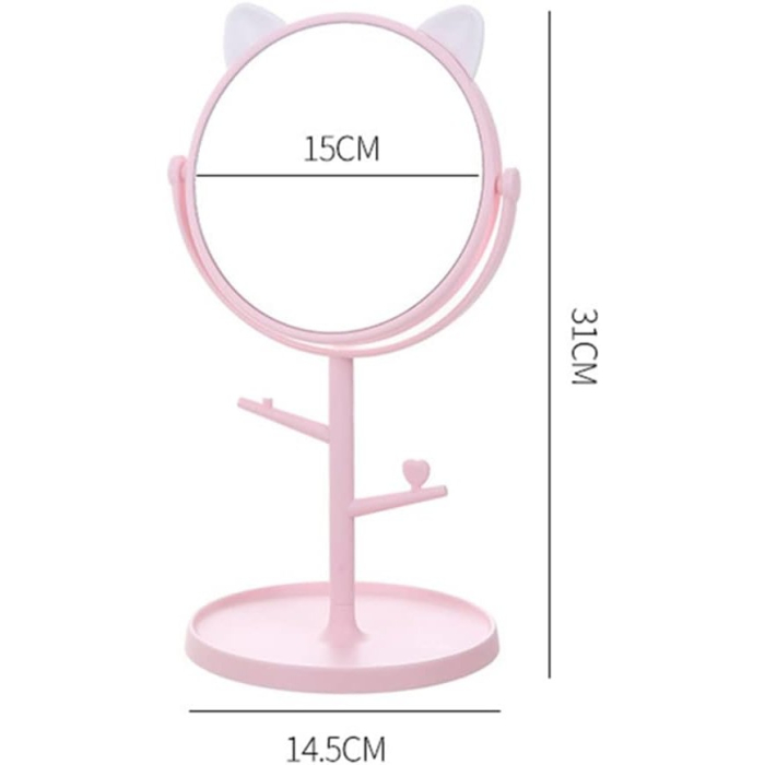 Oglina Cosmetica cu Picior, Flippy, HD, Rotire 360 Grade, 15 cm Diametru, Suport Bijuterii Baza Rotunda + 2 Brate pentru Accesorii, Model cu Urechi Albe de Ursulet, 31 x 14.5 x 15 cm, din Plastic, Roz [2]