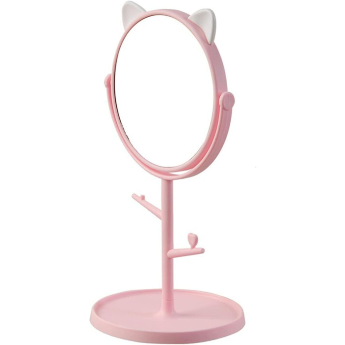 Oglina Cosmetica cu Picior, Flippy, HD, Rotire 360 Grade, 15 cm Diametru, Suport Bijuterii Baza Rotunda + 2 Brate pentru Accesorii, Model cu Urechi Albe de Ursulet, 31 x 14.5 x 15 cm, din Plastic, Roz [3]