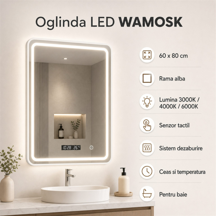 Oglinda LED Baie WAMOSK, Korman, 60 x 80 cm, Lumina 3000K/4000K/6000K, Dezaburire, Ceas, Termometru si Senzor, Rama Metalica Alba [7]