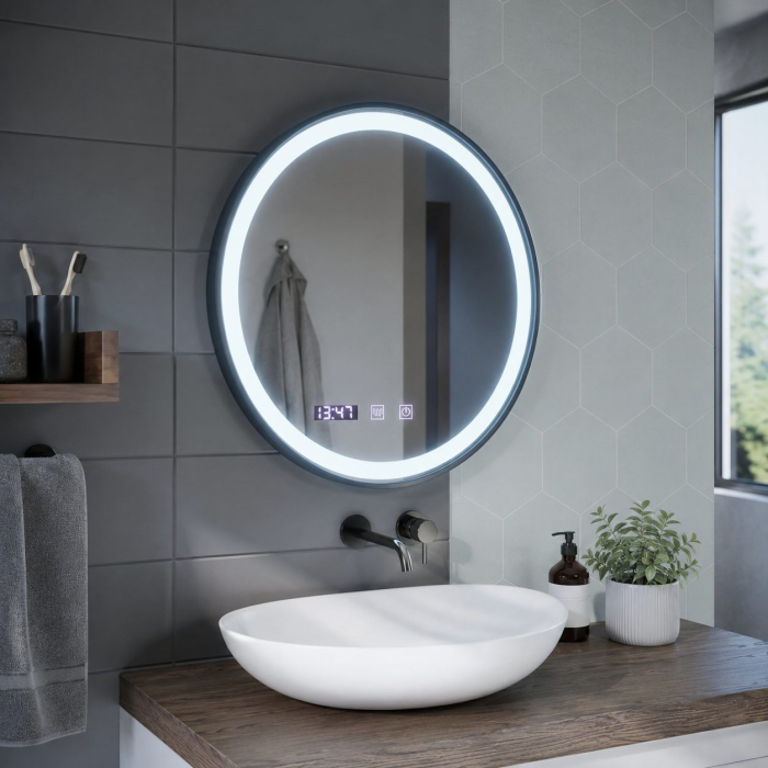 Oglinda LED NOVARA, Flippy, Touch, Sistem Dezaburire, Ceas si Temperatura, Diametru 80 cm, Rama Negru Brushed [3]