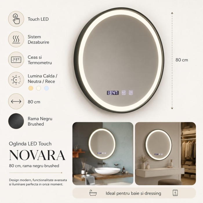 Oglinda LED NOVARA, Flippy, Touch, Sistem Dezaburire, Ceas si Temperatura, Diametru 80 cm, Rama Negru Brushed [4]