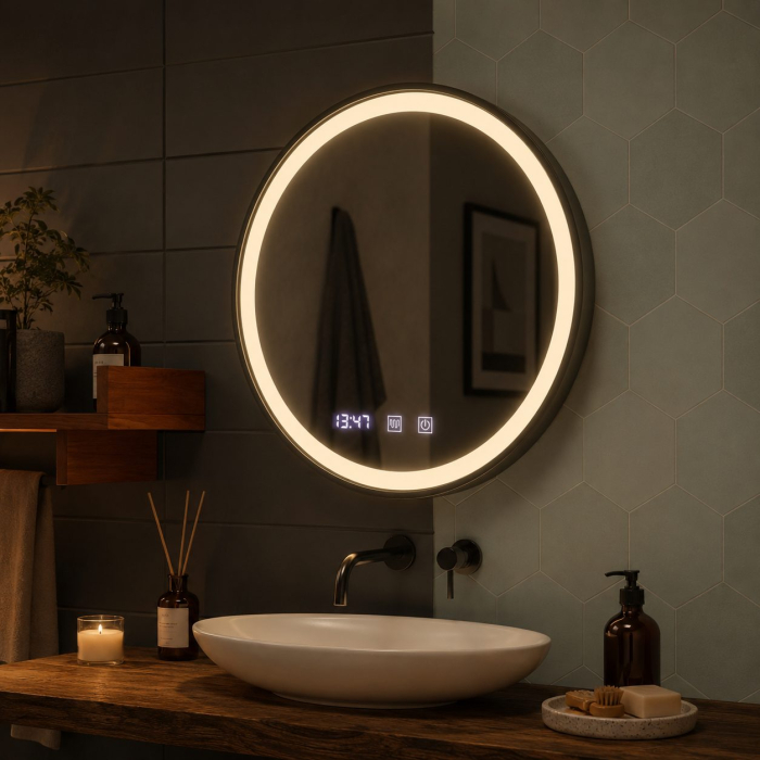 Oglinda LED NOVARA, Flippy, Touch, Sistem Dezaburire, Ceas si Temperatura, Diametru 80 cm, Rama Negru Brushed [2]