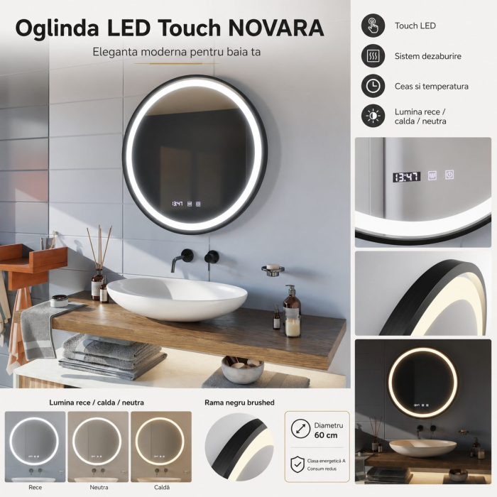 Oglinda LED Touch NOVARA Sistem Dezaburire, Ceas si Temperatura 60 cm Rama Negru Brushed [2]