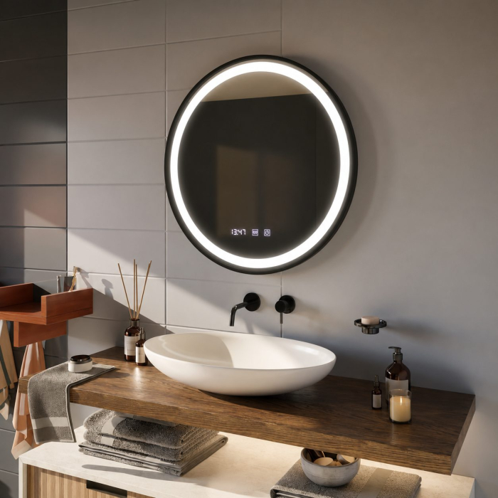 Oglinda LED Touch NOVARA Sistem Dezaburire, Ceas si Temperatura 60 cm Rama Negru Brushed [4]