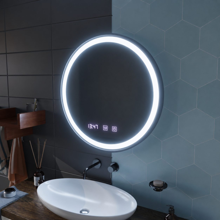 Oglinda LED Touch NOVARA Sistem Dezaburire, Ceas si Temperatura 70 cm Rama Negru Brushed [5]