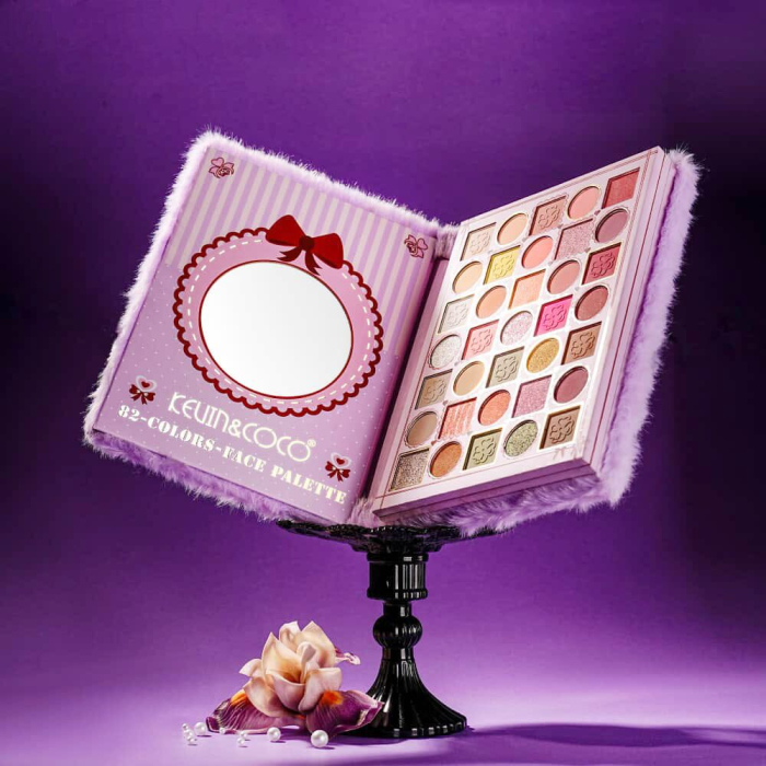 Paleta de Machiaj Tip Carte KEVIN & COCO , Model Purple Plush Bow Palette, 82 Culori, Trusa Completa pentru Ochi si Fata, Farduri, Blush, Iluminator si Contur, Design Catifelat cu Fundita, 22.8 x 17.4 [5]