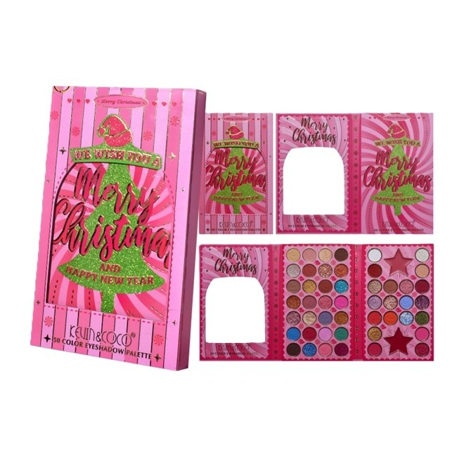 Paletă Farduri de Ploape si Farduri Pentru Obraji cu Oglindă, Kevin&Coco Merry Christmas 50 Color Eyeshadow Palette, 50 Culori Mate, Sidefate și Strălucitoare, Pentru Machiaje Naturale, Glam și Creati [1]