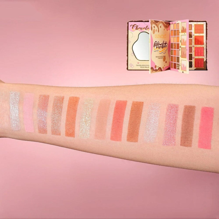 Paleta Machiaj Profesionala KEVIN & COCO Chocolate Fuzzy Collection, 76 Culori, Trusa Completa pentru Ochi si Fata, Farduri Mate si Sidefate, Blush, Iluminator si Contur, cu Oglinda, Pigmentare Intens [2]