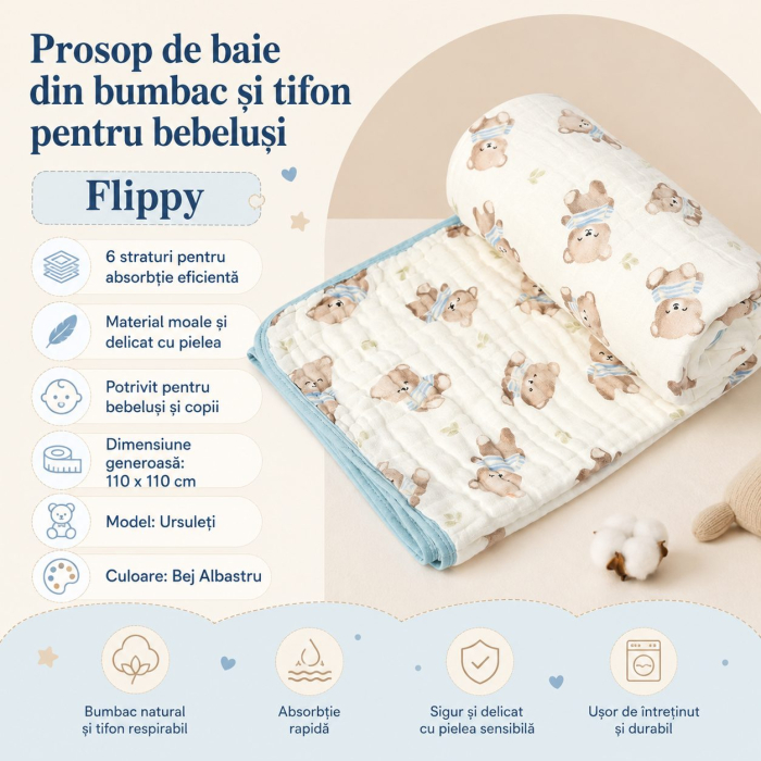 Prosop de baie din bumbac si tifon pentru Bebelusi, Flippy, cu Sase Straturi, pentru Copii, 110x110 cm, Model Ursuleti, Bej Albastru [2]