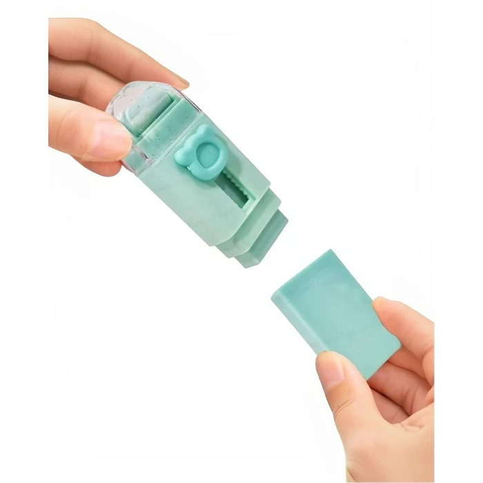 Radiera Retractabila, Flippy, Model Ursulet, Reglare Push-Pull, Radiera de tip Push, Doua Radiere de Rezerva in set din Cauciuc, Verde deschis [3]