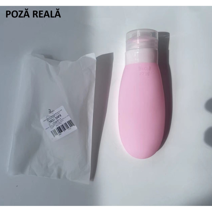 Recipient Portabil din Silicon Elegant de Voiaj, Sticla de Calatorie, Flippy, Potrivita pentru Lotiune, Sampon si Alte Lichide, Anti-scurgere, cu Posibilitate de Reumplere, Capacitate 90mL, 14cm, Roz [6]