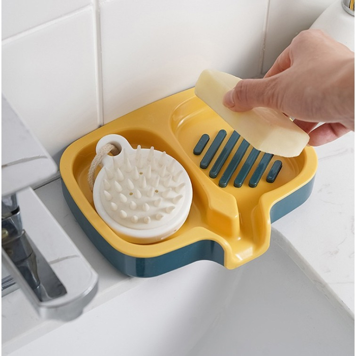 Savonieră Dublă, Flippy, cu Sistem de Scurgere a Apei, din ABS, pentru 2 Săpunuri, Design Ventilat pentru Uscare Rapidă, 14.5 x 18 x 3 cm, Albastru/Galben [5]