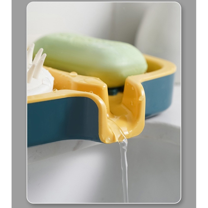 Savonieră Dublă, Flippy, cu Sistem de Scurgere a Apei, din ABS, pentru 2 Săpunuri, Design Ventilat pentru Uscare Rapidă, 14.5 x 18 x 3 cm, Albastru/Galben [4]