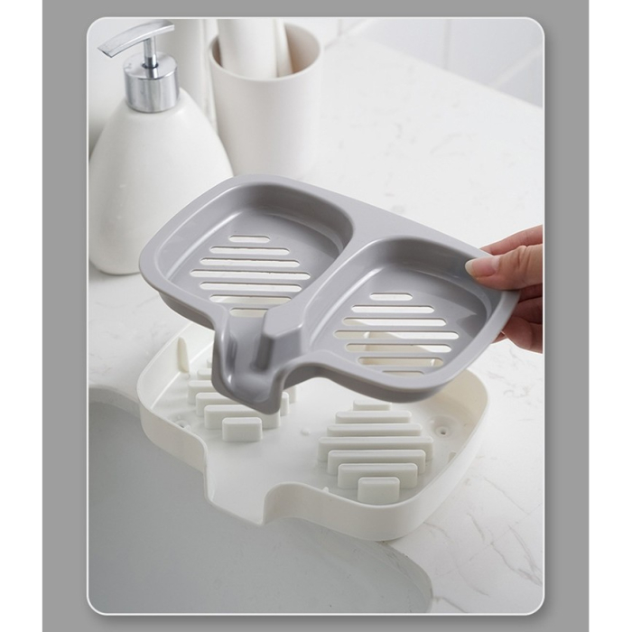 Savonieră Dublă, Flippy, cu Sistem de Scurgere a Apei, din ABS, pentru 2 Săpunuri, Design Ventilat pentru Uscare Rapidă, 14.5 x 18 x 3 cm, Gri/Alb [3]