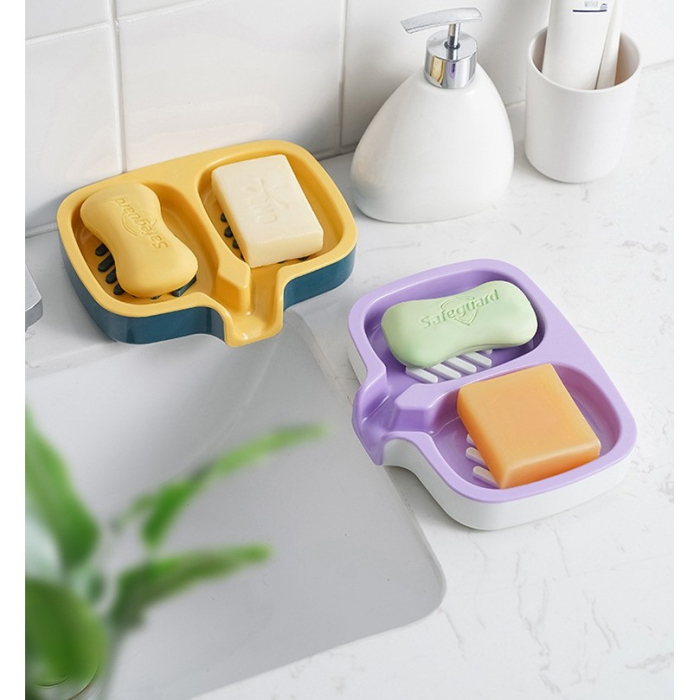 Savonieră Dublă, Flippy, cu Sistem de Scurgere a Apei, din ABS, pentru 2 Săpunuri, Design Ventilat pentru Uscare Rapidă, 14.5 x 18 x 3 cm, Mov/Alb [4]