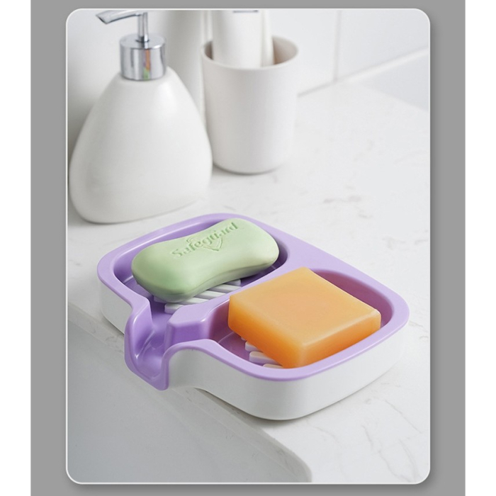 Savonieră Dublă, Flippy, cu Sistem de Scurgere a Apei, din ABS, pentru 2 Săpunuri, Design Ventilat pentru Uscare Rapidă, 14.5 x 18 x 3 cm, Mov/Alb [3]