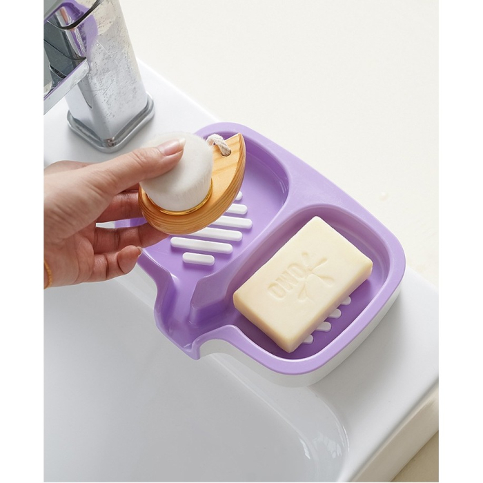 Savonieră Dublă, Flippy, cu Sistem de Scurgere a Apei, din ABS, pentru 2 Săpunuri, Design Ventilat pentru Uscare Rapidă, 14.5 x 18 x 3 cm, Mov/Alb [2]
